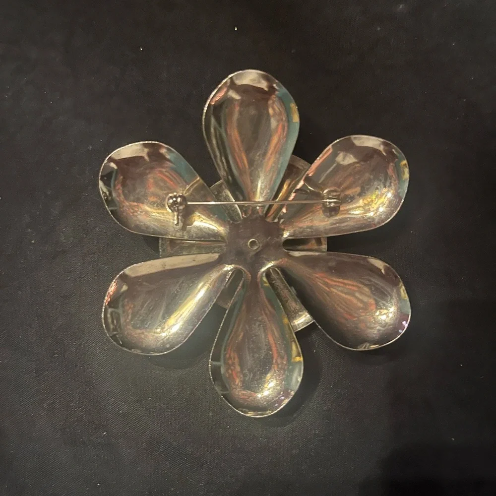 Vintage Large Blue and Green Enamel Flower Brooch with Blue Rhinestones